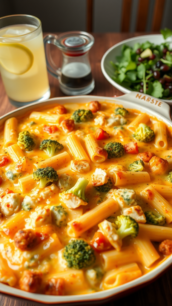 Creamy cheesy chicken and broccoli pasta bake with broccoli, chicken, and pasta, served in a rustic dish.